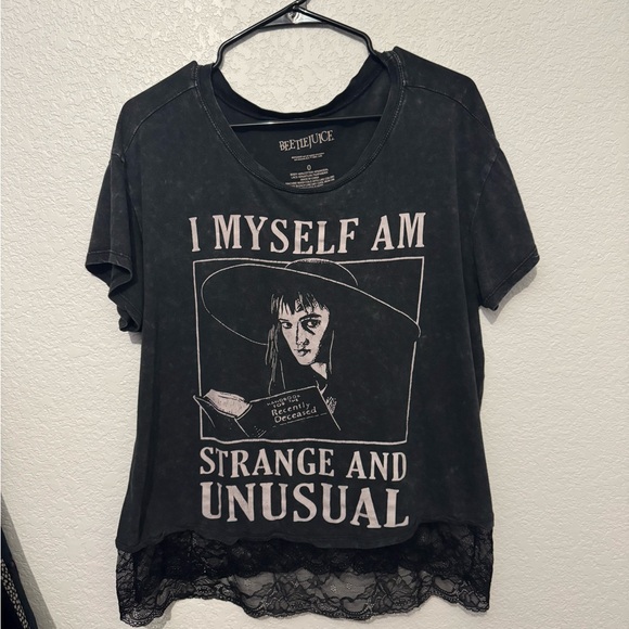 Torrid Black Charcoal Graphic Tee with Lace Detail Hem Beetlejuice - Picture 1 of 5
